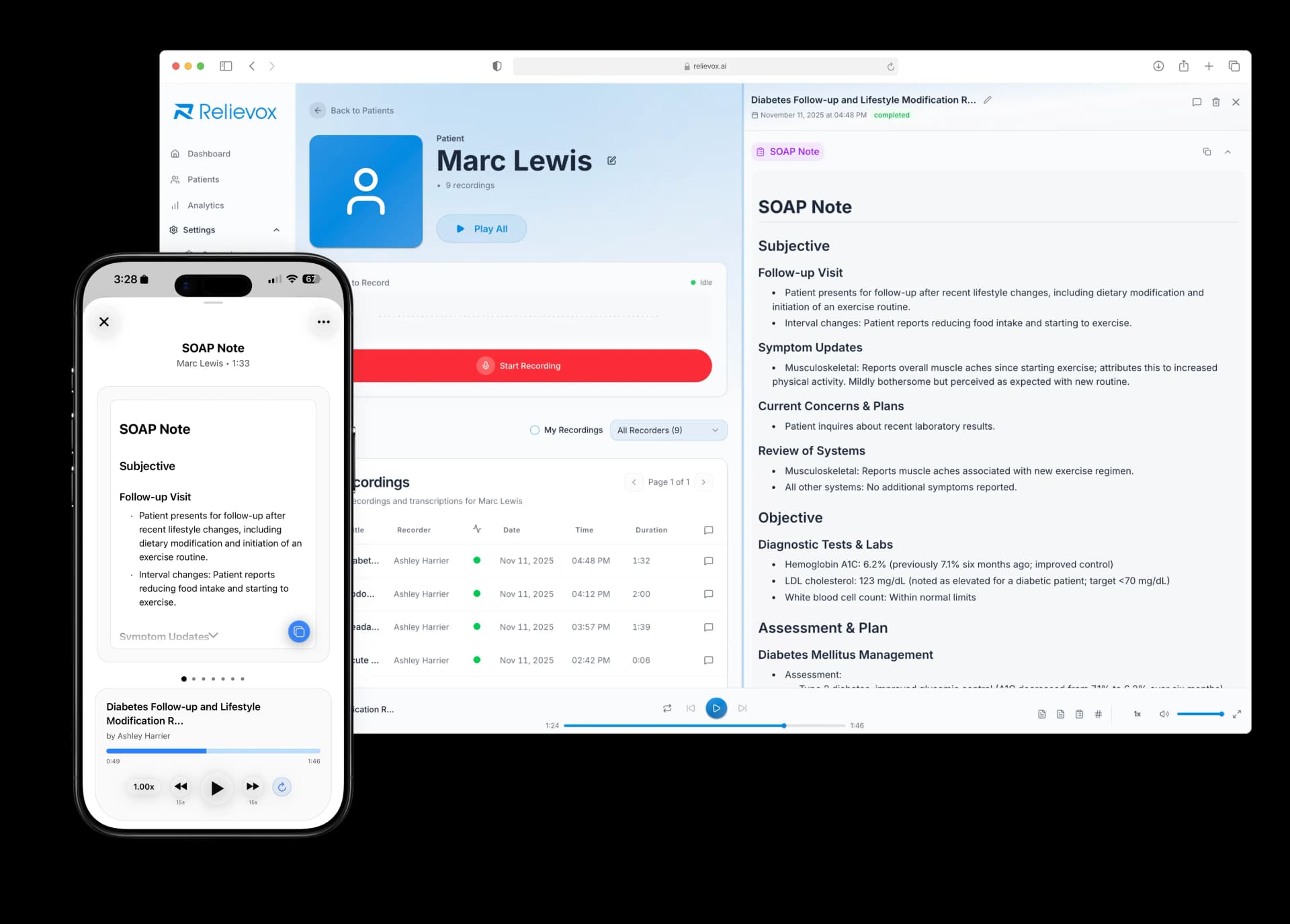 Relievox AI medical notes dashboard showing patient documentation workflow