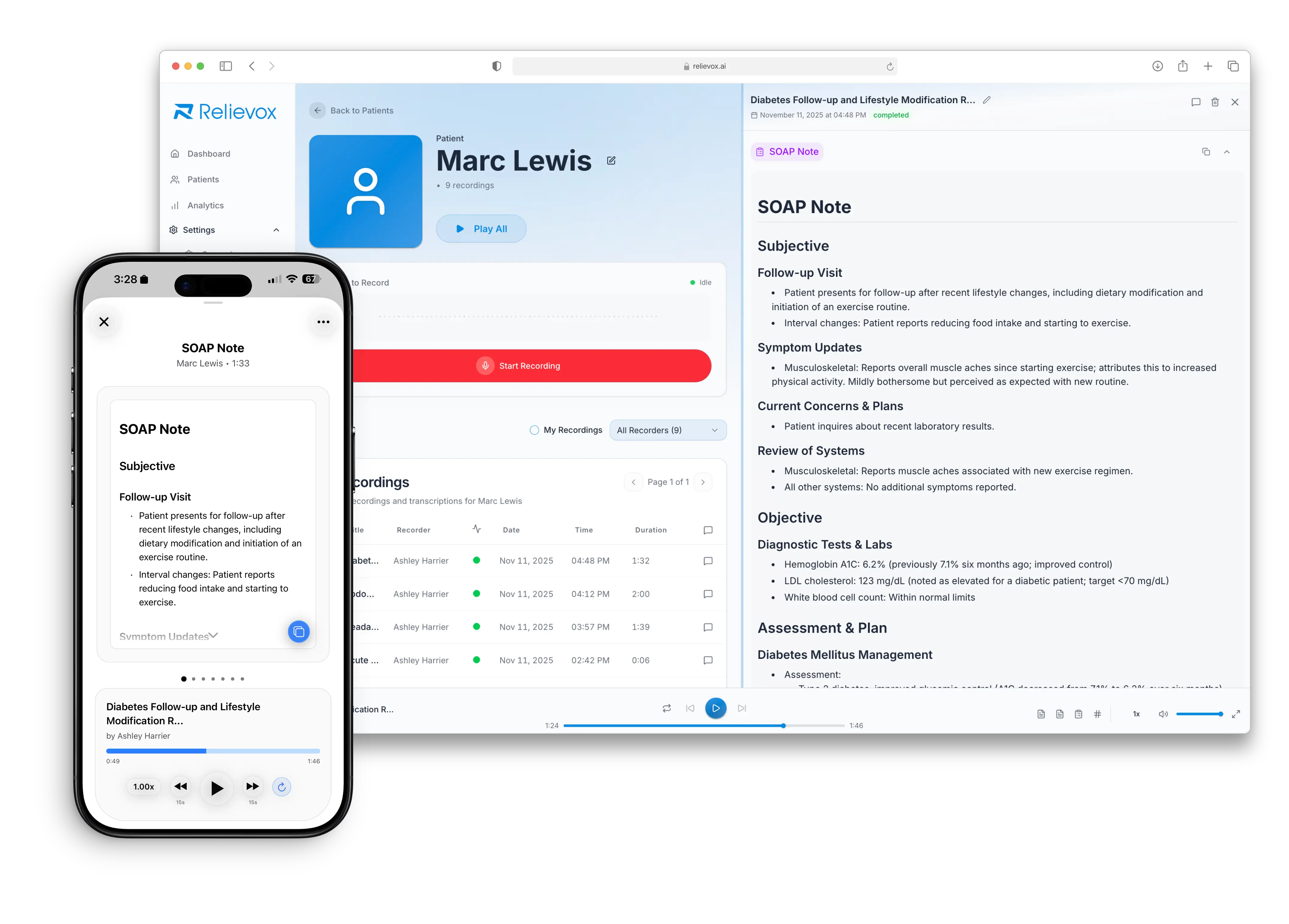 Relievox AI medical notes dashboard showing patient documentation workflow