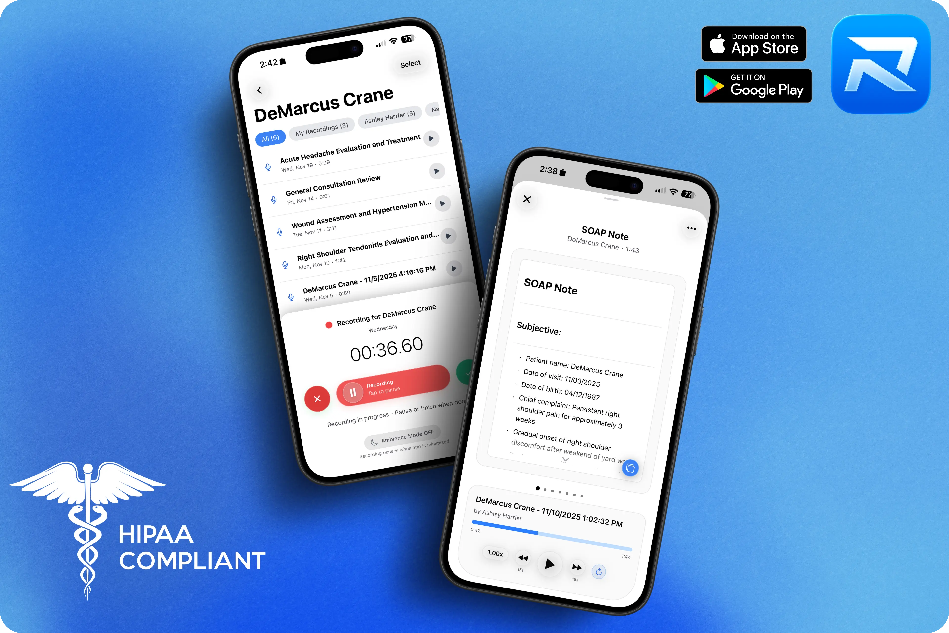 Relievox AI medical notes dashboard showing patient documentation workflow